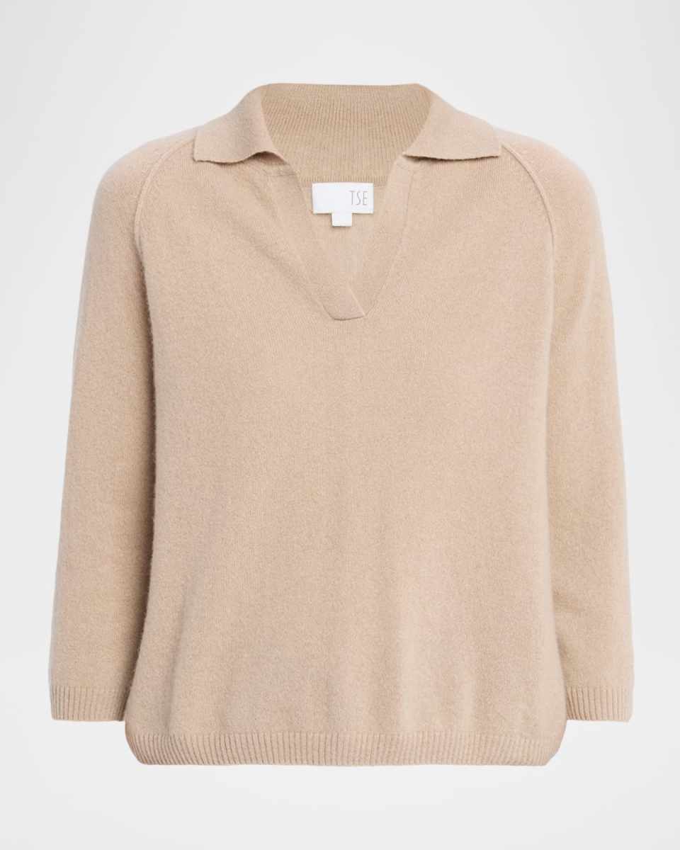 Cashmere 3/4-Sleeve Polo Sweater